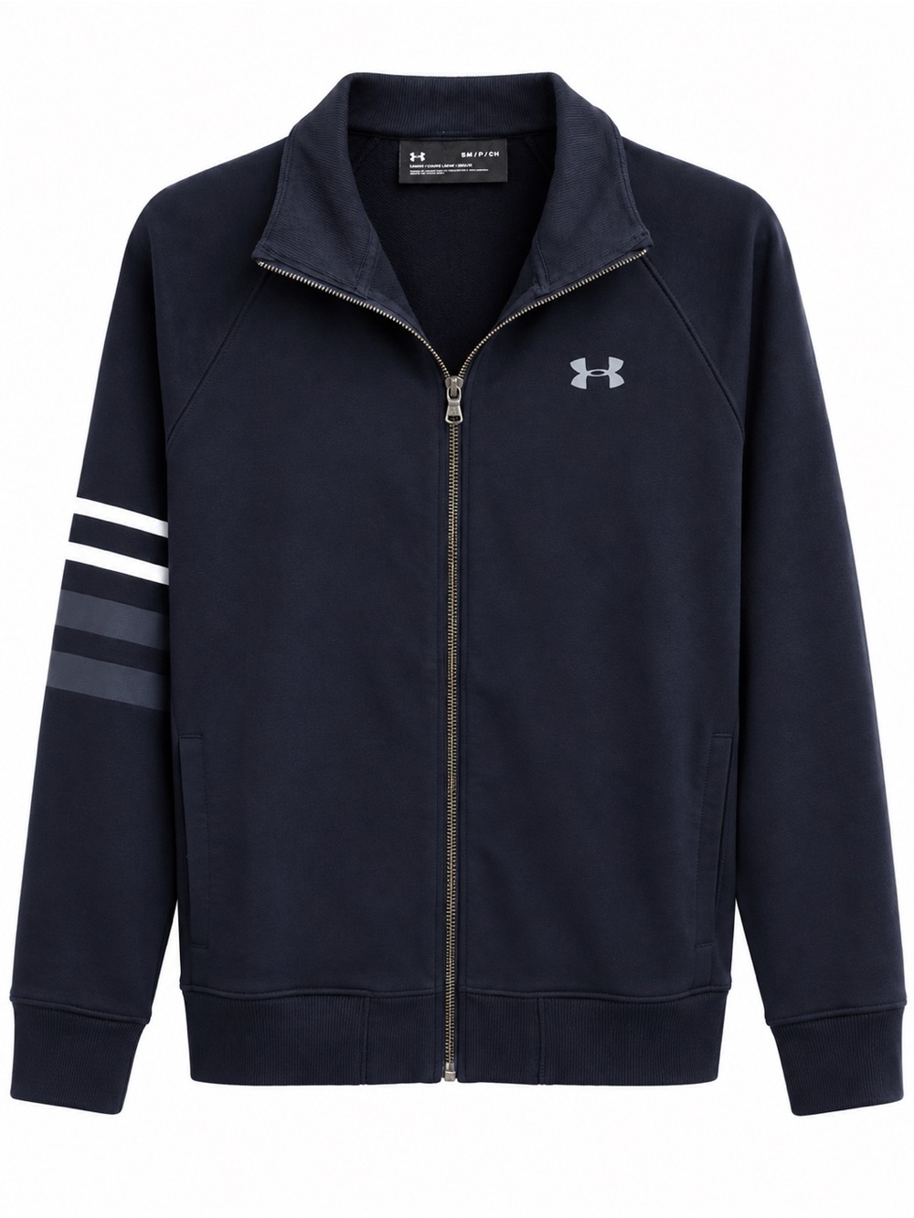 Under Armour Men’s Navy Zip-Up Performance Jacket with Sleeve Stripes